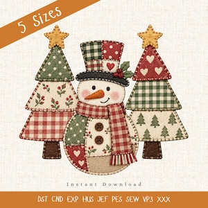 May include: An embroidery design featuring a central snowman wearing a patchwork top hat and scarf, flanked by two Christmas trees. The snowman has two buttons and a carrot nose. The trees feature various patterns including hearts, dots, and gingham.