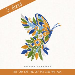 May include: An embroidery design of a butterfly composed of floral and leaf elements in blue, yellow, green, and white. The text 5 Sizes, Instant Download, and file formats DST CND EXP HUS JEF PES SEW VP3 XXX are visible on the orange banners.