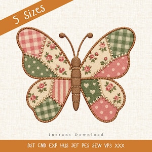 May include: A digital embroidery design of a butterfly featuring a patchwork pattern with floral, gingham, polka dot, and striped fabric textures in shades of pink, green, and cream. The butterfly has a brown body and antennae with visible stitching.