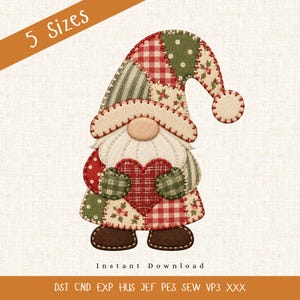 May include: A gnome embroidery design featuring a patchwork hat and clothing in red, green, and cream tones. The gnome holds a red heart and wears a tall, curved hat with a pom-pom. Text includes 5 Sizes, Instant Download, and file formats.