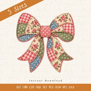 Patchwork-Stickmuster mit floraler Schleife, Satinrand-Umriss, Vintage-Quiltmuster, Schleife, Stickdatei für die Stickmaschine (Digitaler Download)