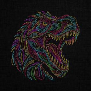 May include: A black fabric surface featuring an embroidered T-Rex head design. The dinosaur is rendered in vibrant, multi-colored thread lines of blue, purple, yellow, and green, showcasing sharp teeth and a detailed, textured pattern.
