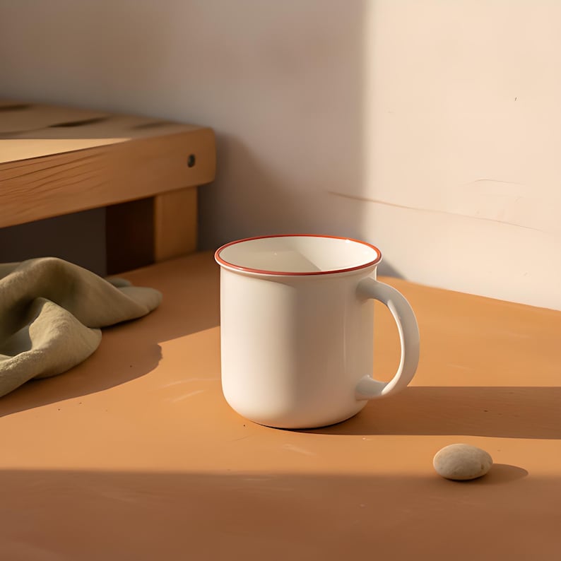 Ceramic Mug | White Red Rim | Coffee Tea Cup | 380ml Drinkware ...