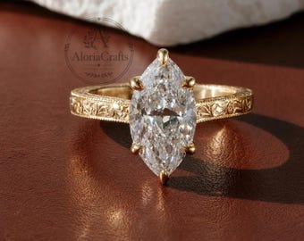 2 kt marquise moissaniet verlovingsring | Vintage bloemen gegraveerde gouden band | Erfstuk bruidsring | Verjaardagscadeau voor haar