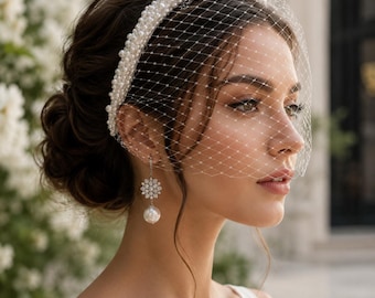 Pearl Birdcage Veil Headband, Vintage Bridal Face Veil, Short Tulle Wedding Accessory