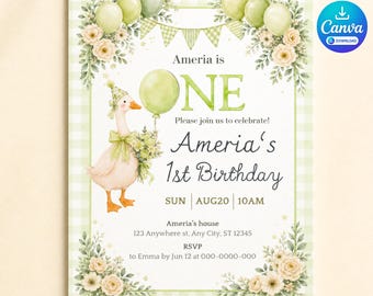 Puede incluir: Una tarjeta de invitación para el primer cumpleaños con una ilustración en acuarela de un ganso con un gorro de fiesta y un lazo, sosteniendo un globo verde. El diseño incluye bordes de cuadros vichy verde claro, flores y el texto Ameria is ONE.