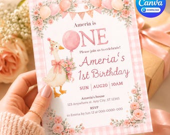 Puede incluir: Una tarjeta de invitación de cumpleaños rectangular con borde de cuadros vichy rosa, ilustraciones en acuarela de una oca con gorro de fiesta, globos rosas y flores. El texto dice: Ameria is ONE, Ameria's 1st Birthday, SUN AUG20 10AM, Ameria's house, 123 Anywhere st, Any City, ST 12345, RSVP to Emma by Jun 12 at 000-0000-000.