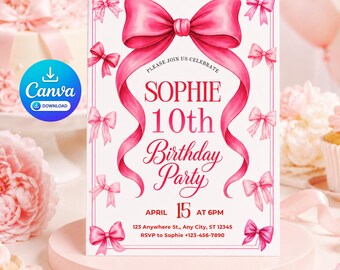Puede incluir: Una tarjeta de invitación rectangular para fiesta de cumpleaños con un lazo rosa grande en la parte superior y lazos rosas más pequeños en el borde. El texto dice: PLEASE JOIN US CELEBRATE SOPHIE 10th Birthday Party APRIL 15 AT 6PM 123 Anywhere St., Any City, ST 12345 RSVP to Sophie +123-456-7890.