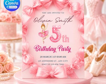Puede incluir: Una tarjeta de invitación de cumpleaños rosa con un borde de cintas y lazos rosas. El texto dice: You are invited to Olivia Smith 5th Birthday Party, 20 March at 10:00 AM, 123 Anywhere St., Any City, RSVP to 123-456-7890, con una ilustración de una bailarina.