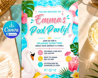Puede incluir: Una tarjeta de invitación rectangular para una fiesta en la piscina con un panel central blanco y texto en rosa y turquesa que dice Emma's Pool Party, rodeado de ilustraciones de un flotador de cisne blanco, hojas tropicales y bebida.
