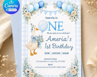 Puede incluir: Una tarjeta de invitación para el primer cumpleaños con una ilustración en acuarela de un pato con un gorro de fiesta y un globo azul. El texto dice Ameria is ONE, Ameria's 1st Birthday, SUN AUG20 10AM, e incluye detalles de dirección y RSVP.