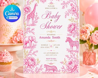 May include: A rectangular baby shower invitation card featuring a white background with a pink and gold floral border. The design includes illustrations of a giraffe, elephant, zebra, tiger, and monkey, with text reading Please Join Us For A Baby Shower.