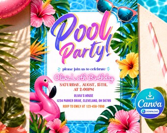 Puede incluir: Una tarjeta de invitación para una fiesta en la piscina con un flamenco rosa, flores de hibisco y gafas de sol. El texto dice: Pool Party! please join us to celebrate Olivia's 8th Birthday SATURDAY, AUGST, 15TH, AT 2:00PM OLIVIA'S HOUSE 1234 PARKER DRIVE, CLEVELAND, OH 56789 RSVP TO EMILY AT 123-456-7890.