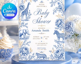 Puede incluir: Una tarjeta de invitación rectangular para baby shower con un patrón toile azul y blanco, ilustraciones de una jirafa, elefante, cebra, tigre y mono, bordes florales dorados y texto con los detalles del evento para Amanda Smith.