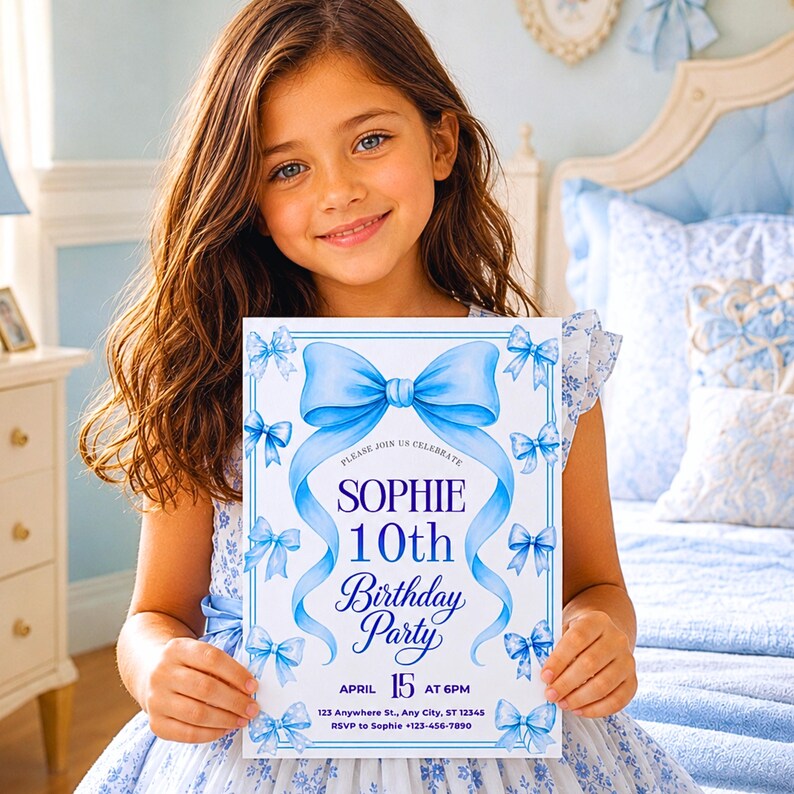 May include: A rectangular birthday party invitation card featuring a large blue bow at the top and smaller blue bows along the border. The text reads: Please join us celebrate Sophie 10th Birthday Party April 15 at 6pm 123 Anywhere St., Any City, ST 12345 RSVP to Sophie +123-456-7890.
