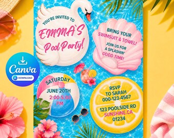 Puede incluir: Una invitación para fiesta en la piscina con un flotador de cisne blanco, una concha rosa, una pelota de playa y una rodaja de limón sobre un fondo de agua azul. El texto incluye: YOU'RE INVITED TO EMMA'S Pool Party! BRING YOUR SWIMSUIT & TOWEL!.