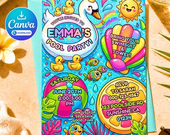 May include: A rectangular pool party invitation card featuring a swan float, rubber ducks, a colorful seashell, a beach ball, and a citrus slice. Text includes: YOU'RE INVITED TO EMMA'S POOL PARTY! BRING YOUR SWIMSUIT & TOWEL! SATURDAY JUNE 20TH 2:00-5:00 PM.