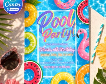 Puede incluir: Una tarjeta de invitación rectangular para una fiesta en la piscina con un fondo de agua azul y flotadores inflables coloridos con formas de piña, sandía, rosquilla y un flamenco rosa. El texto dice Pool Party! Olivia's 8th Birthday.