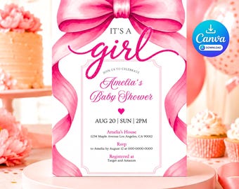Puede incluir: Una tarjeta de invitación rectangular blanca para baby shower con un gran lazo rosa de acuarela en la parte superior y texto rosa en cursiva que dice It's a girl, Amelia's Baby Shower, con detalles del evento, ubicación e información de registro.