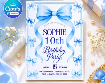 Puede incluir: Una tarjeta de invitación de cumpleaños rectangular blanca con un gran lazo azul de acuarela en la parte superior y lazos azules más pequeños a lo largo del borde. El texto dice: PLEASE JOIN US CELEBRATE SOPHIE 10th Birthday Party APRIL 15 AT 6PM.