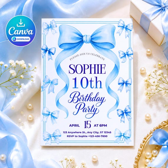 Blue Bow Birthday Invitation Template, Coquette Birthday Invite, Editable Canva 5x7, Blue Ribbon Party Invitation, Instant Download