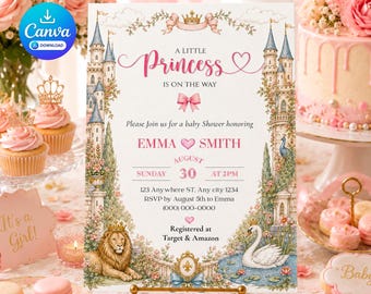 Puede incluir: Una tarjeta de invitación rectangular para baby shower con una ilustración de castillo, un león y un cisne. El texto dice A LITTLE PRINCESS IS ON THE WAY, EMMA SMITH, AUGUST 30 AT 2PM, 123 Anywhere ST, Any city 1234, RSVP by August 5th to Emma (000) 000-0000.