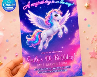 Puede incluir: Una tarjeta de invitación de cumpleaños rectangular con un unicornio alado blanco con crin y cola de arcoíris sobre un cielo estrellado morado y rosa. El texto dice A magical day is on the way, Emily's 4th Birthday y los detalles del evento.