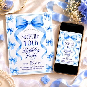 May include: A white birthday party invitation card and a smartphone displaying the same digital invitation. Both feature a large blue bow at the top, smaller blue bows along the borders, and text reading: Sophie 10th Birthday Party, April 15 at 6PM.