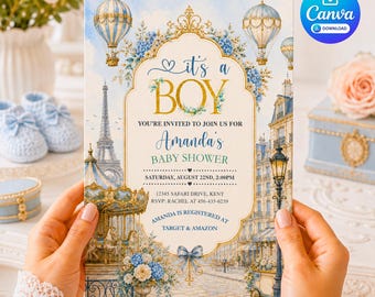 Puede incluir: Una tarjeta de invitación para baby shower con una ilustración de París que incluye la Torre Eiffel, un carrusel, globos aerostáticos y flores azules. El texto dice: It's a BOY, You're invited to join us for Amanda's Baby Shower, 22 de agosto.