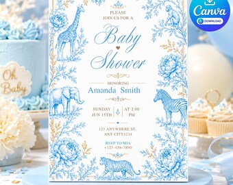 May include: A white rectangular baby shower invitation card featuring blue and gold illustrations of a giraffe, elephant, zebra, tiger, and monkey surrounded by floral patterns. The text reads Please Join Us For A Baby Shower Honoring Amanda Smith.
