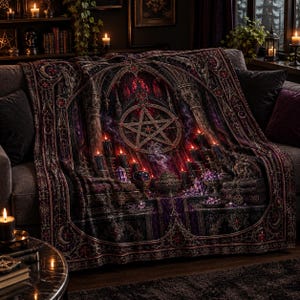 May include: A rectangular throw blanket featuring a dark, intricate gothic design with a central pentagram, glowing red candles, purple crystals, and ornate architectural arches. The pattern includes deep shades of black, purple, and red.