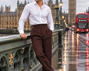 1900s Maroon Gurkha Pants, High Waist Pleated Trousers, Victorian Style, Adjustable Buckle Waist, Vintage British Formal Father's Day Gift