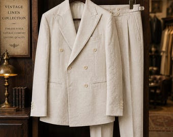 Vintage Off White Linen Suit for Men | 1900s Old Hollywood Style | Double Breasted Blazer & Trousers | Classic Wedding Menswear Thanksgiving