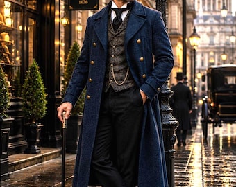 Vintage Military Greatcoat Men, Herringbone Wool Overcoat, Double Breasted Officer Trench Coat, Gentleman Coat