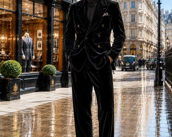Men's Black Velvet Gurkha Suit | Luxury Relaxed Fit Wedding Blazer & High Waist Pleated Formal Trousers