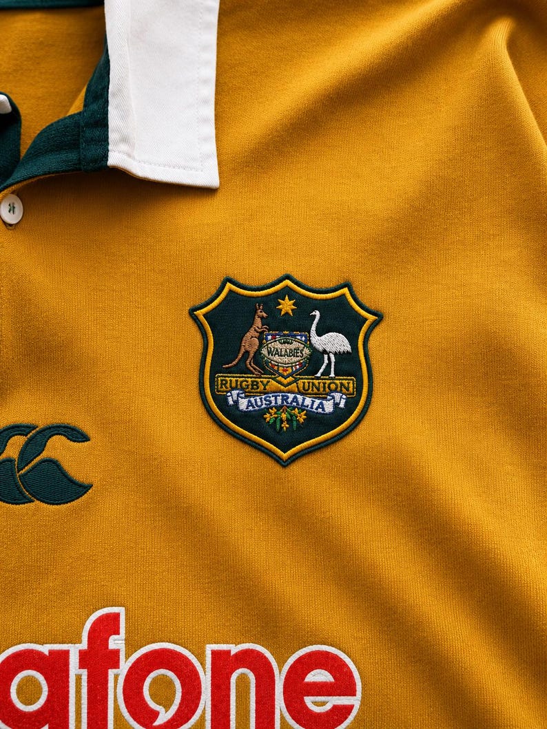 May include: A mustard yellow rugby shirt with a white collar and dark green trim. It features an embroidered Wallabies Rugby Union Australia crest, a dark green Canterbury logo, and the partial red and white text Vodafone printed on the front.
