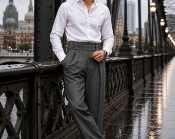 Vintage 1950s Grey High Waist Trousers Wide Leg Dress Pants Formal Suit Pants Father's Day Gift Boyfriend Husband Classic Style Retro Outfit
