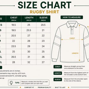 May include: A size chart for a rugby shirt featuring a table with sizes from 2XS to 3XL and corresponding chest, length, and sleeve measurements in inches. An illustration shows how to measure the chest, length, and sleeve on a long-sleeve shirt.