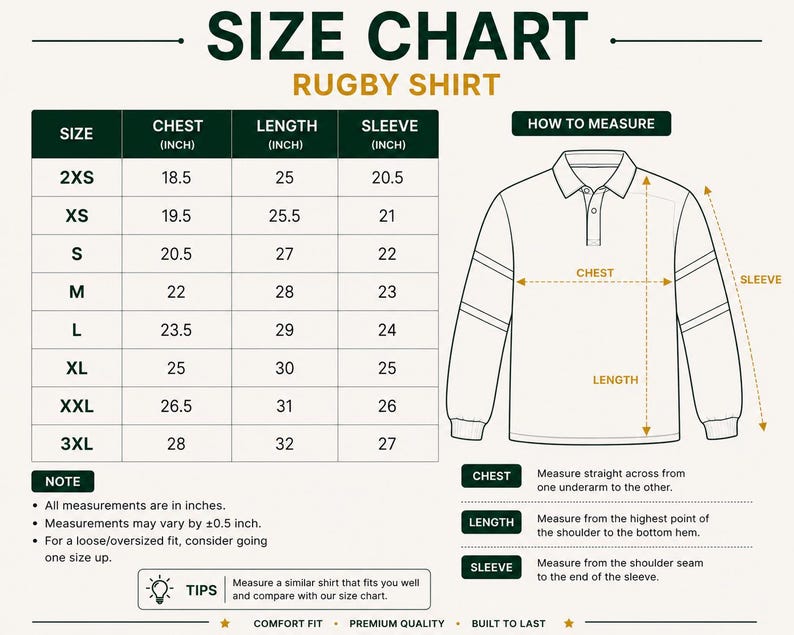 May include: A size chart for a rugby shirt featuring a table with sizes from 2XS to 3XL and corresponding chest, length, and sleeve measurements in inches. An illustration shows how to measure the chest, length, and sleeve on a long-sleeve shirt.