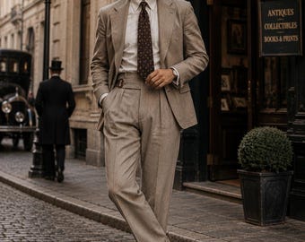 Vintage Linen Gurkha Pants for Men, High Waisted Pleated Trousers, Sustainable Military Style Cuffed