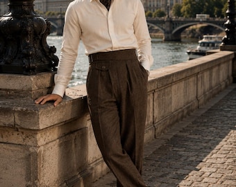 1900s Gurkha Wool Trousers for Men, High Waisted Plaid Military Pants, Heavyweight Vintage Dress Slacks, Custom Fit