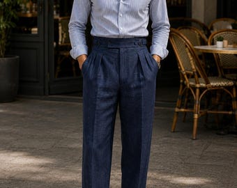 Men's Navy Blue Linen Gurkha Pants High Waist Pleated Straight Leg Tailored Summer Dress Trousers Classic