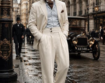 Bespoke 1900s Gurkha Pants Men | Old Hollywood Style | High Waist Pleated Wide Leg Linen Trousers | Vintage Tailored Formal Slacks Gift