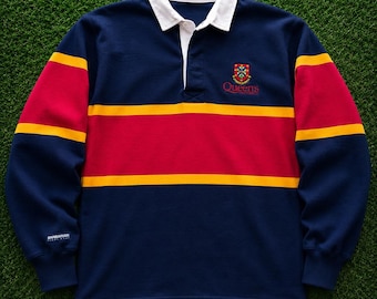 Vintage Queen's University Rugby Shirt: Embroidered Blue Long Sleeve Pullover