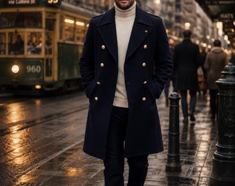 Navy Double Breasted Wool Overcoat: Gold Button Military Peacoat Overcoat Gift for him