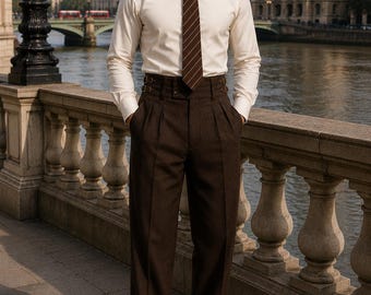Men's Chocolate Brown Wool Gurkha Pants High Waist Pleated Dress Trousers Straight Leg Tailored Vintage Fit