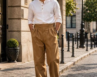 1950s British Military Gurkha Pants Mens High Waist Pleated Cotton Trousers Old Money Wide Leg Army Slacks Vintage Style
