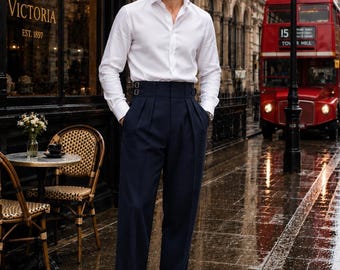 1903s Hollywood Blue Gurkha High Waist Pleated Trousers, Victorian Style, Adjustable Buckle, Vintage British Formal Pants Father's Gift