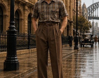 1930s Hollywood Wool Pleated Trousers, High Waist Old Money Slacks