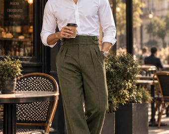1900s Gurkha Olive Green Vintage Pants Victorian Style High Waist Wide Leg Dress Trousers Business Casual Father's Day Gift for Dad Husband
